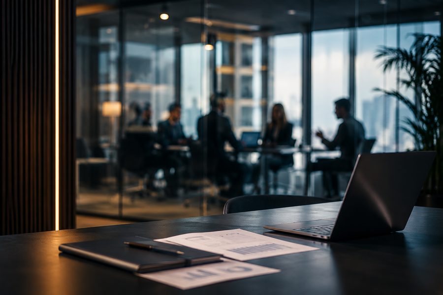 Sala de reunião executiva com vista para a cidade, simbolizando estratégia e alto nível de negócio